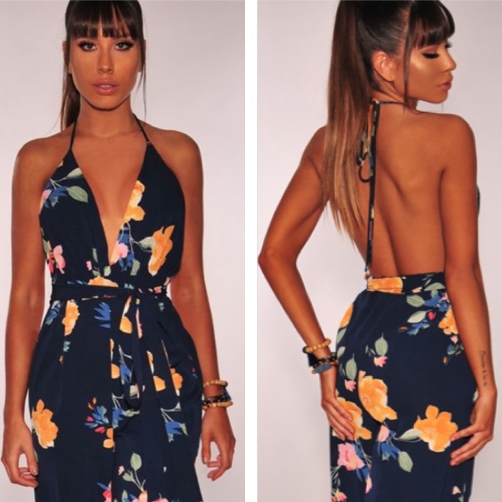 Navy Floral Tie Waist Halter Jumpsuit